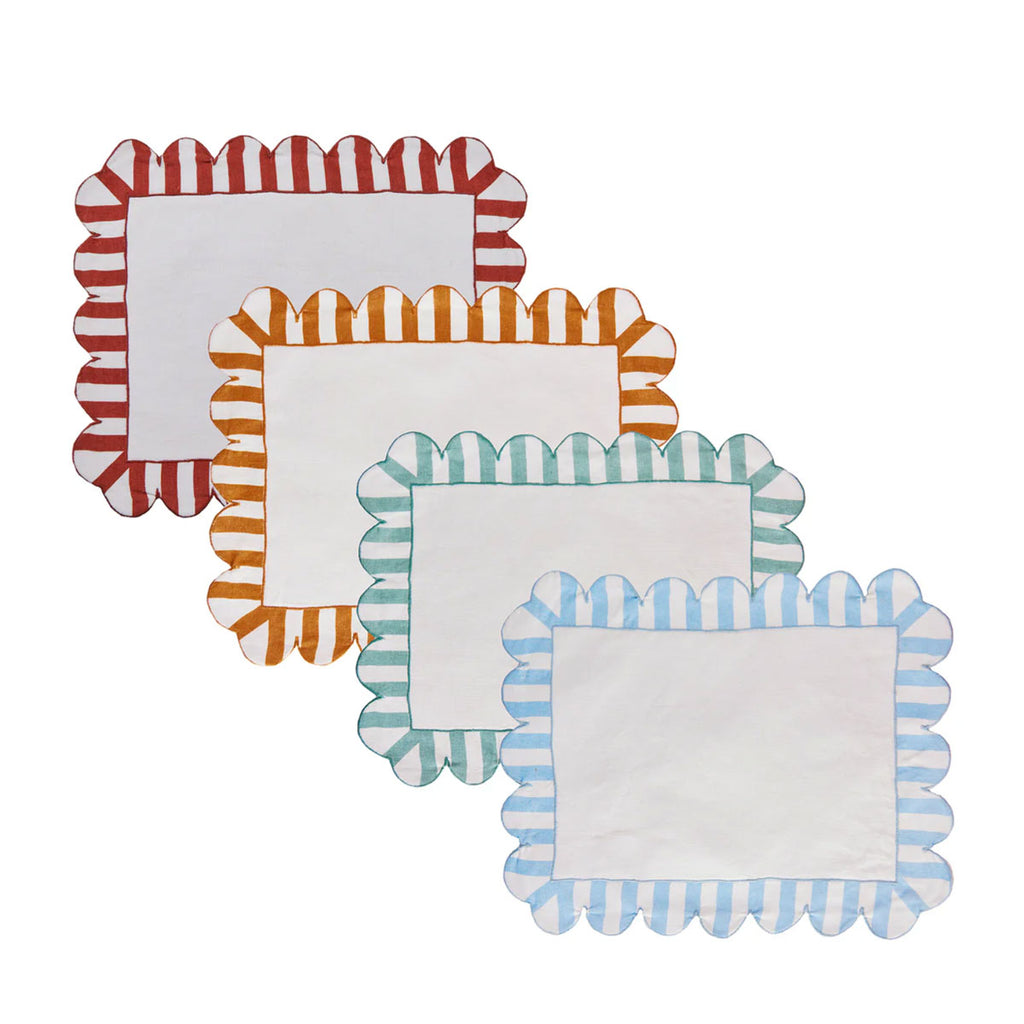 Jardin Embroidered Linen Scalloped Stripe Placemats, Set of 4
