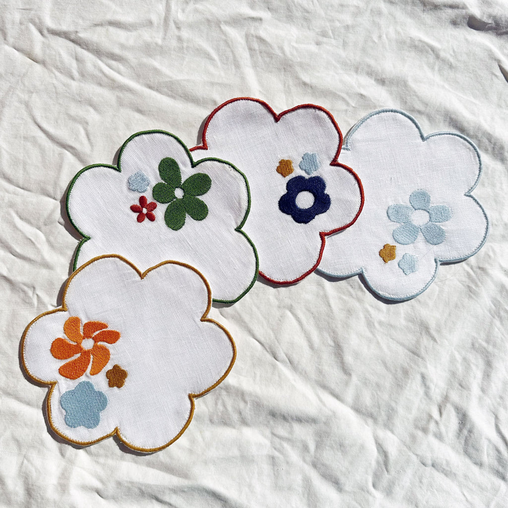 Floral Embroidered Linen Coasters, Set of 4