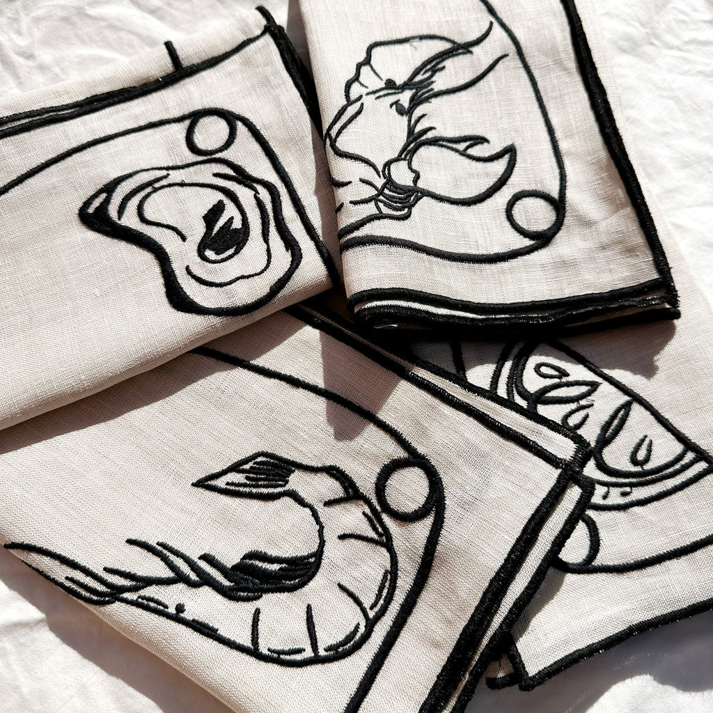 Line Drawing Embroidered Linen Napkins, Set of 4