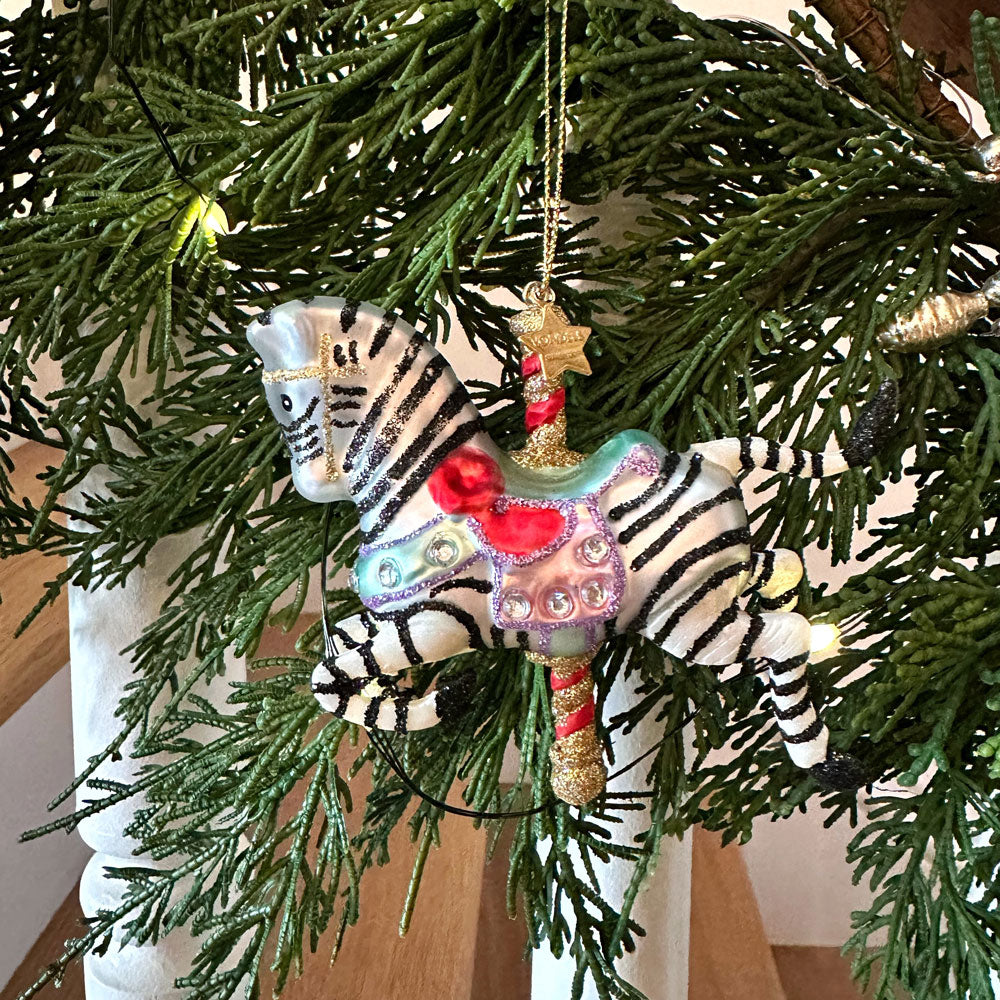 Glass Carousel Zebra Ornament